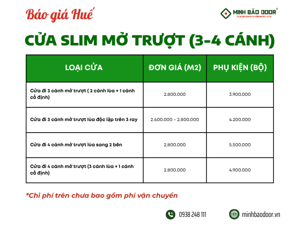 Bảng báo giá cửa nhôm slim Huế