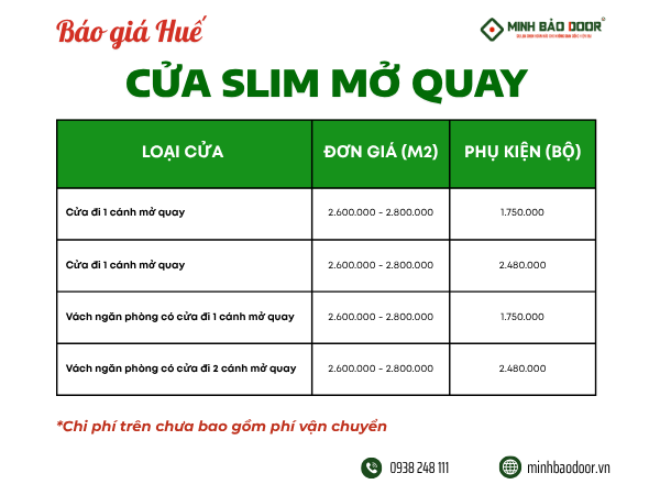 Bảng báo giá cửa nhôm slim Huế