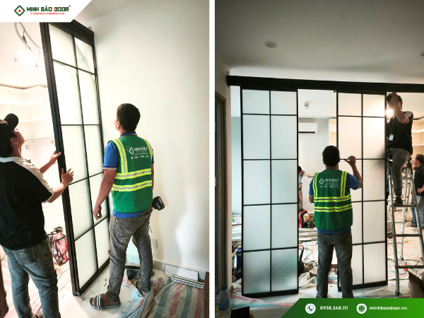Bàn giao cửa lùa slim khung vòm tại quận 9